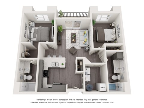 Floor plan for 2 beds, 2 baths, 958 sqft